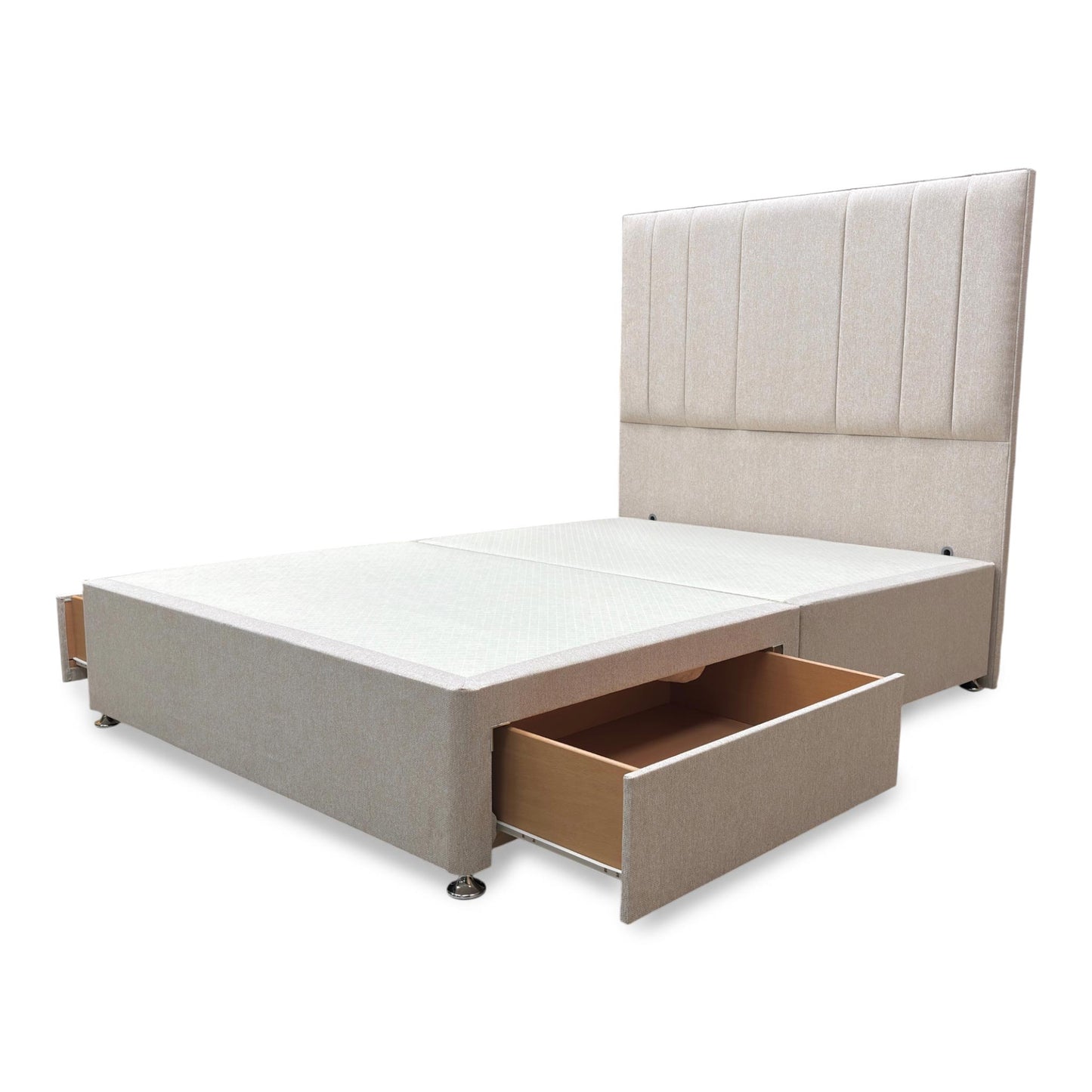‘Luna’ Orkney Oat Fabric Floor Standing Headboard + 2 Draw Divan Base - Double