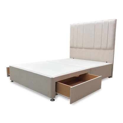 ‘Luna’ Orkney Oat Fabric Floor Standing Headboard + 2 Draw Divan Base - Double