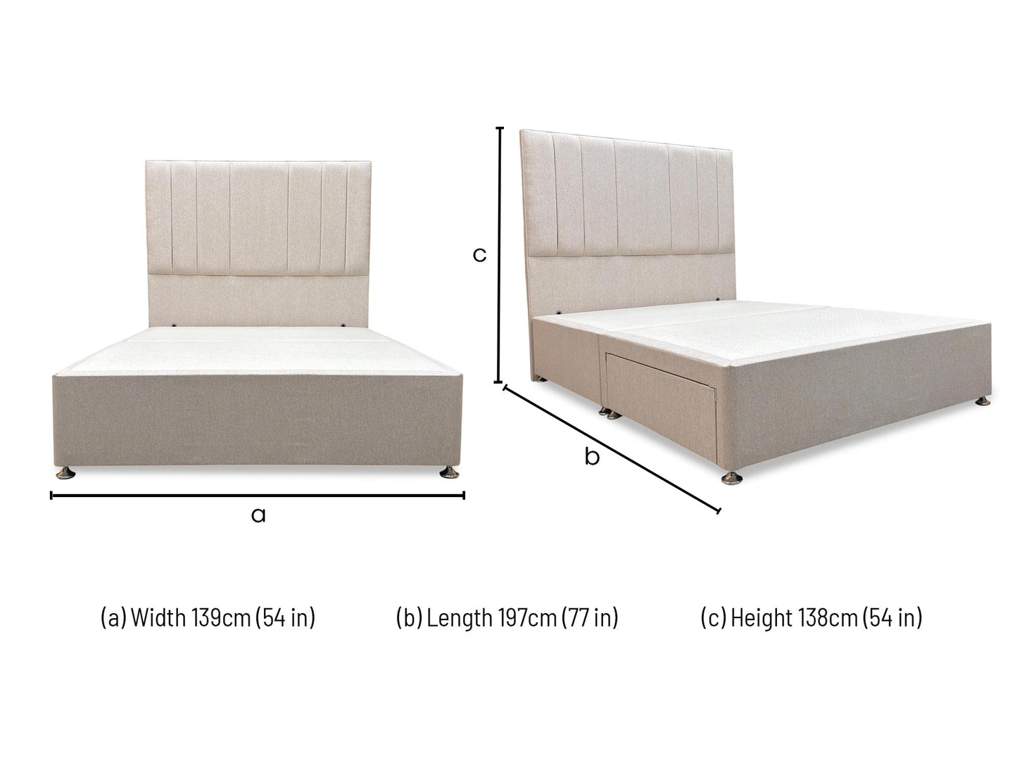 ‘Luna’ Orkney Oat Fabric Floor Standing Headboard + 2 Draw Divan Base - Double