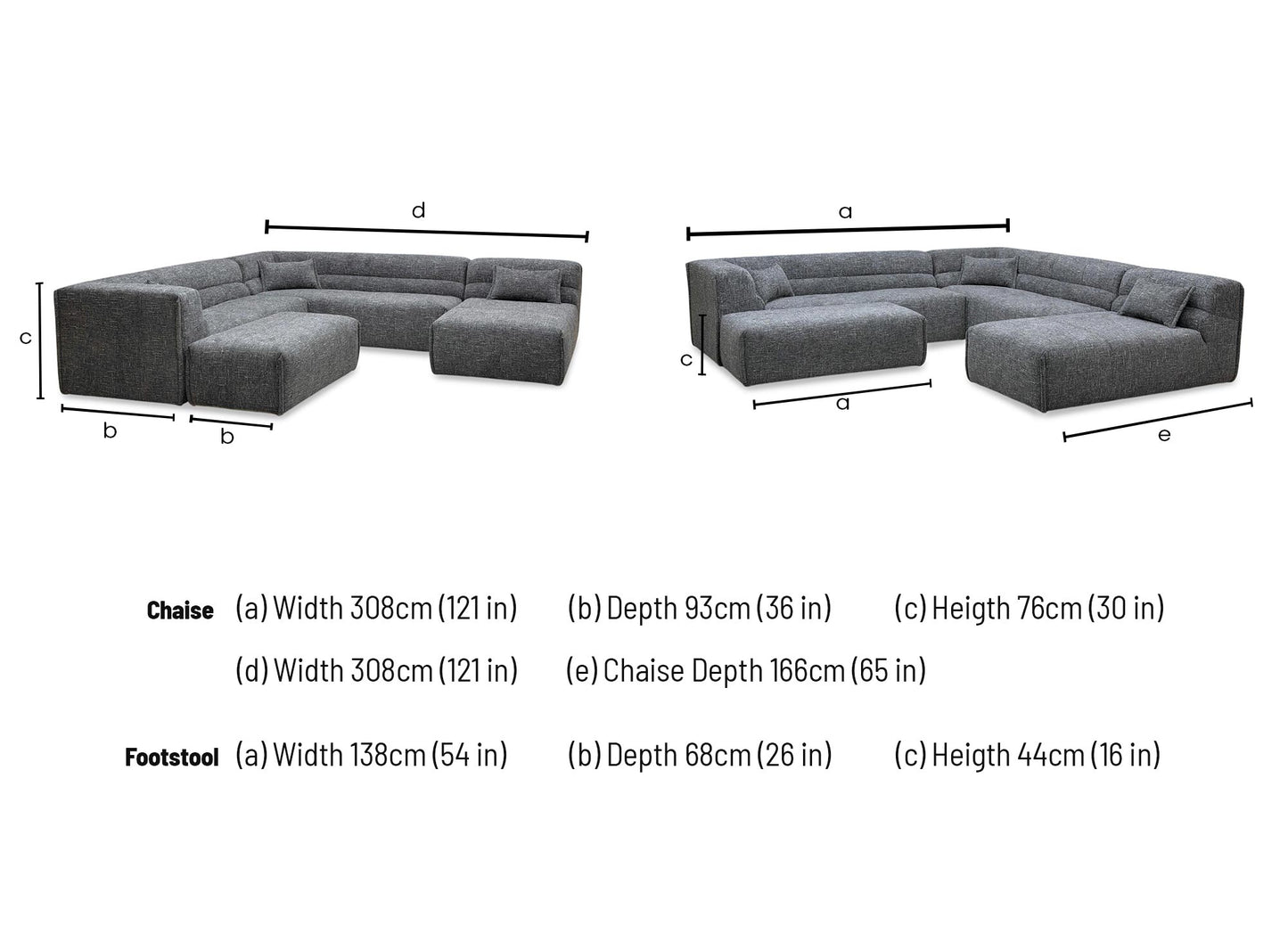 ‘Piero’ Odyssey Vortex Charcoal Grey Fabric 2 Corner 2 Open End Chaise Sofa + Large Footstool