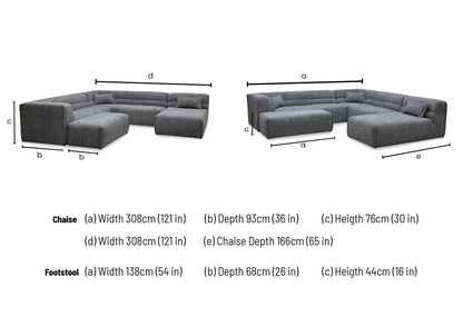 ‘Piero’ Odyssey Vortex Charcoal Grey Fabric 2 Corner 2 Open End Chaise Sofa + Large Footstool