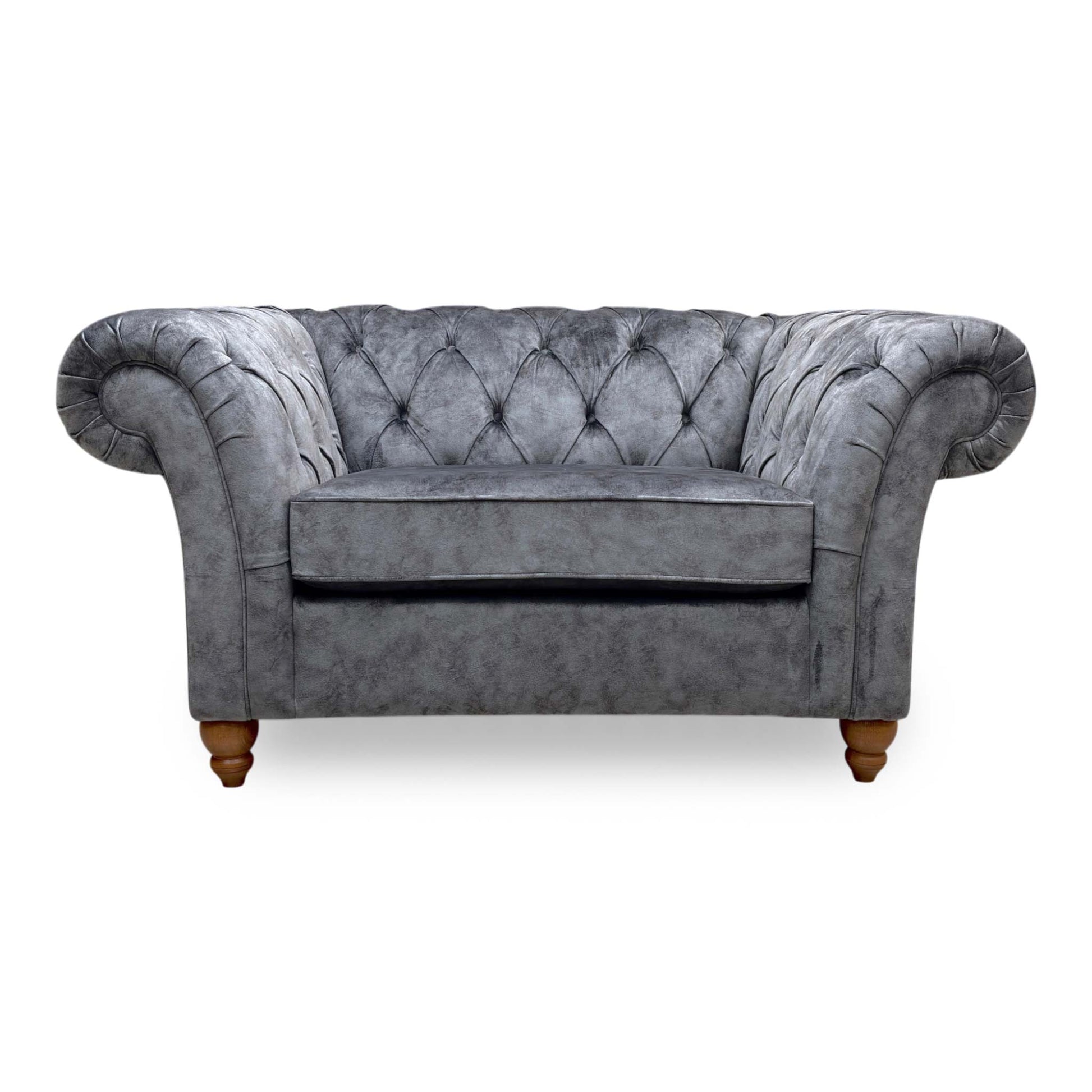 Front view of the Gosford Charcoal Grey Snuggler Chair, demonstrating the cushion loft, fabric texture, and classic wooden feet.