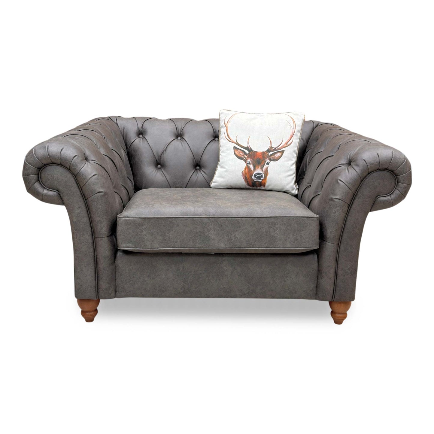 Front view of the ‘Gosford’ Monza Charcoal Leather Snuggler, demonstrating the supple leather quality, seat comfort, and craftsmanship details.