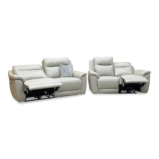 ‘Bobby’ Cat-80_03 Light Grey Leather 3 + 2 Seater Power Recliner Sofa Set
