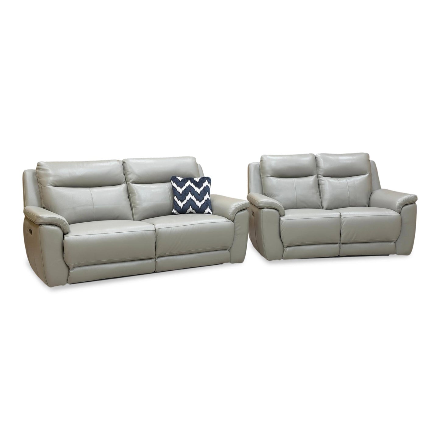 Side view of the 'Bobby Cat' 3+2 seater power recliner sofa set in elephant grey leather, featuring a modern high-back design and padded armrests.