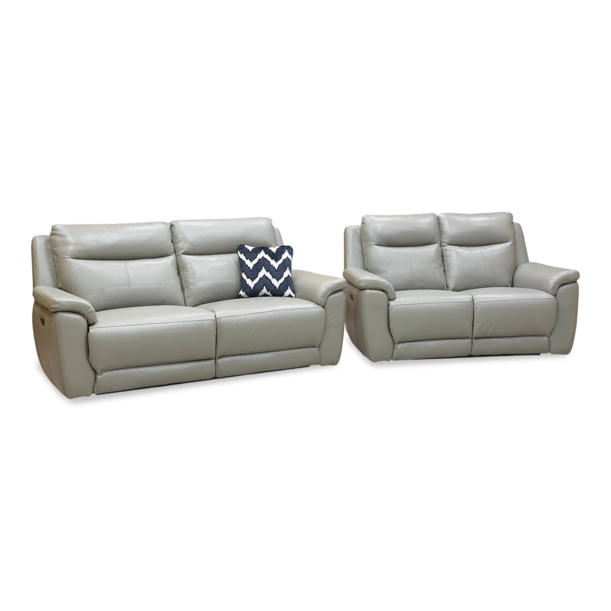 Side view of the 'Bobby Cat' 3+2 seater power recliner sofa set in elephant grey leather, featuring a modern high-back design and padded armrests.