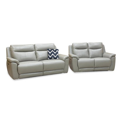 Side view of the 'Bobby Cat' 3+2 seater power recliner sofa set in elephant grey leather, featuring a modern high-back design and padded armrests.