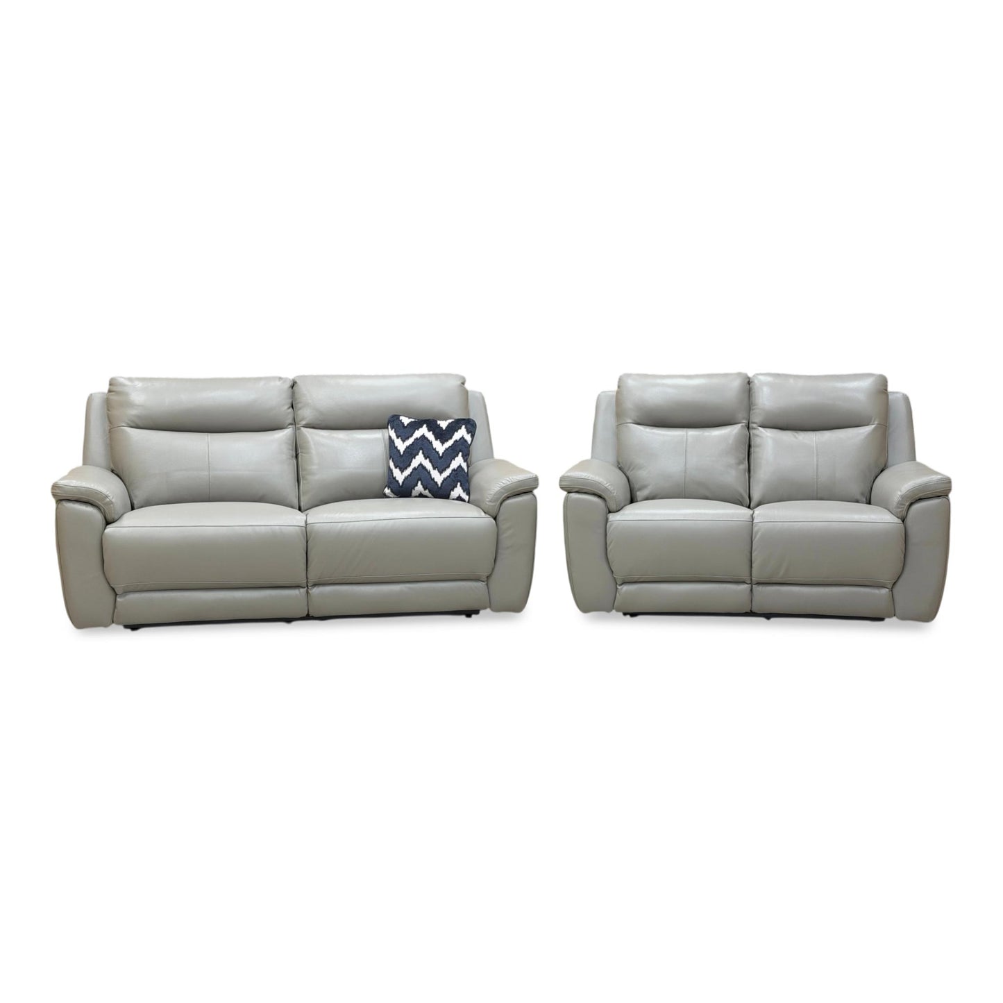 Front view for the Bobby Cat sofa set, highlighting the elephant grey leather upholstery, power reclining features, and adjustable headrests.