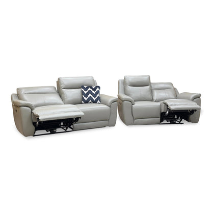 Front view of the 'Bobby Cat' 3+2 seater power recliner sofa set in elephant grey leather, featuring a modern high-back design and padded armrests.