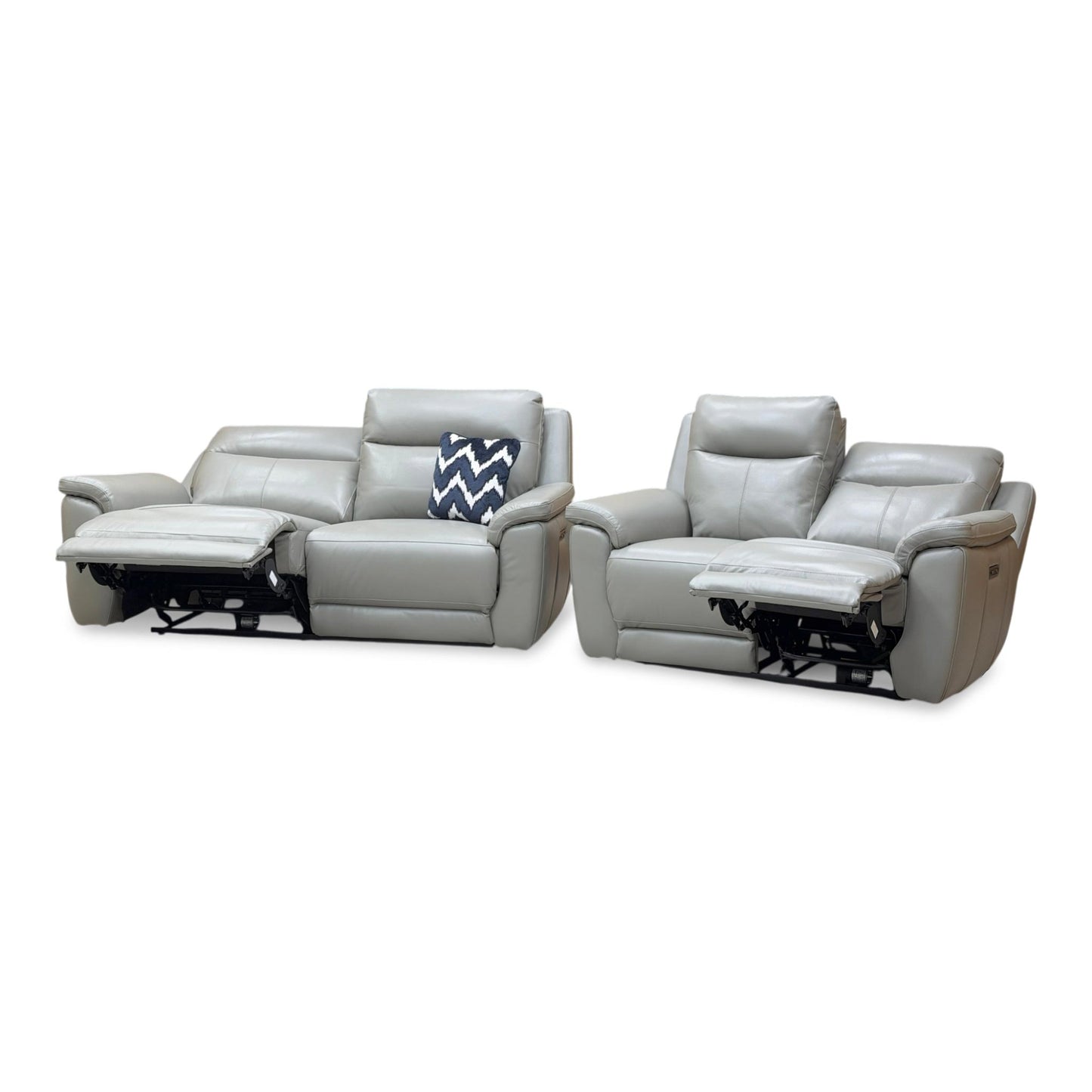Side view of the 'Bobby Cat' 3+2 seater power recliner sofa set in elephant grey leather, featuring a modern high-back design and padded armrests.