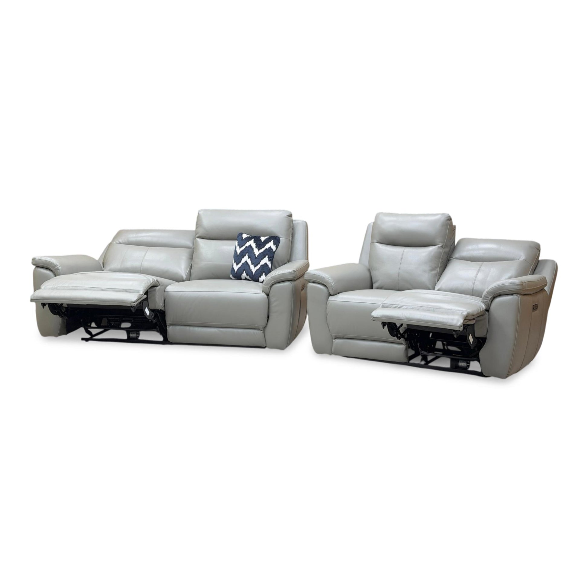 Side view of the 'Bobby Cat' 3+2 seater power recliner sofa set in elephant grey leather, featuring a modern high-back design and padded armrests.