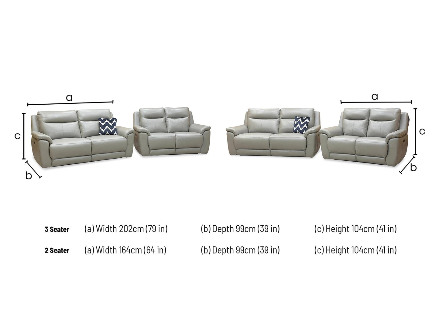Technical dimension diagram for the ‘Bobby Cat’ Elephant Grey Leather 3+2 Power Recliner Set. 3-Seater: W 206cm, D 96cm, H 101cm. 2-Seater: W 152cm, D 96cm, H 101cm.
