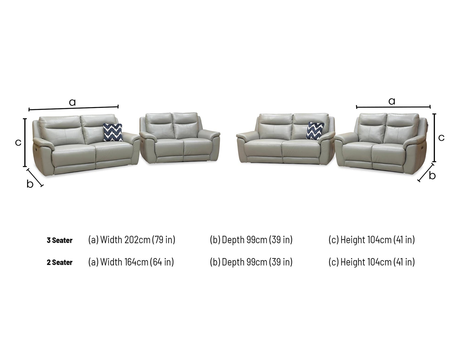 Technical dimension diagram for the ‘Bobby Cat’ Elephant Grey Leather 3+2 Power Recliner Set. 3-Seater: W 206cm, D 96cm, H 101cm. 2-Seater: W 152cm, D 96cm, H 101cm.