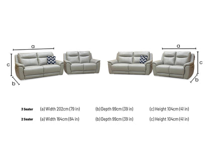 Technical dimension diagram for the ‘Bobby Cat’ Elephant Grey Leather 3+2 Power Recliner Set. 3-Seater: W 206cm, D 96cm, H 101cm. 2-Seater: W 152cm, D 96cm, H 101cm.