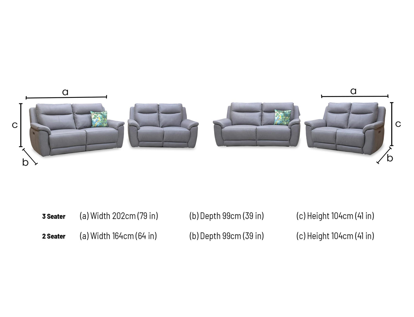 Technical dimension diagram for the ‘Bobby Cat’ Steel Grey Leather 3+2 Power Recliner Set. 3-Seater: W 206cm, D 96cm, H 101cm. 2-Seater: W 152cm, D 96cm, H 101cm.