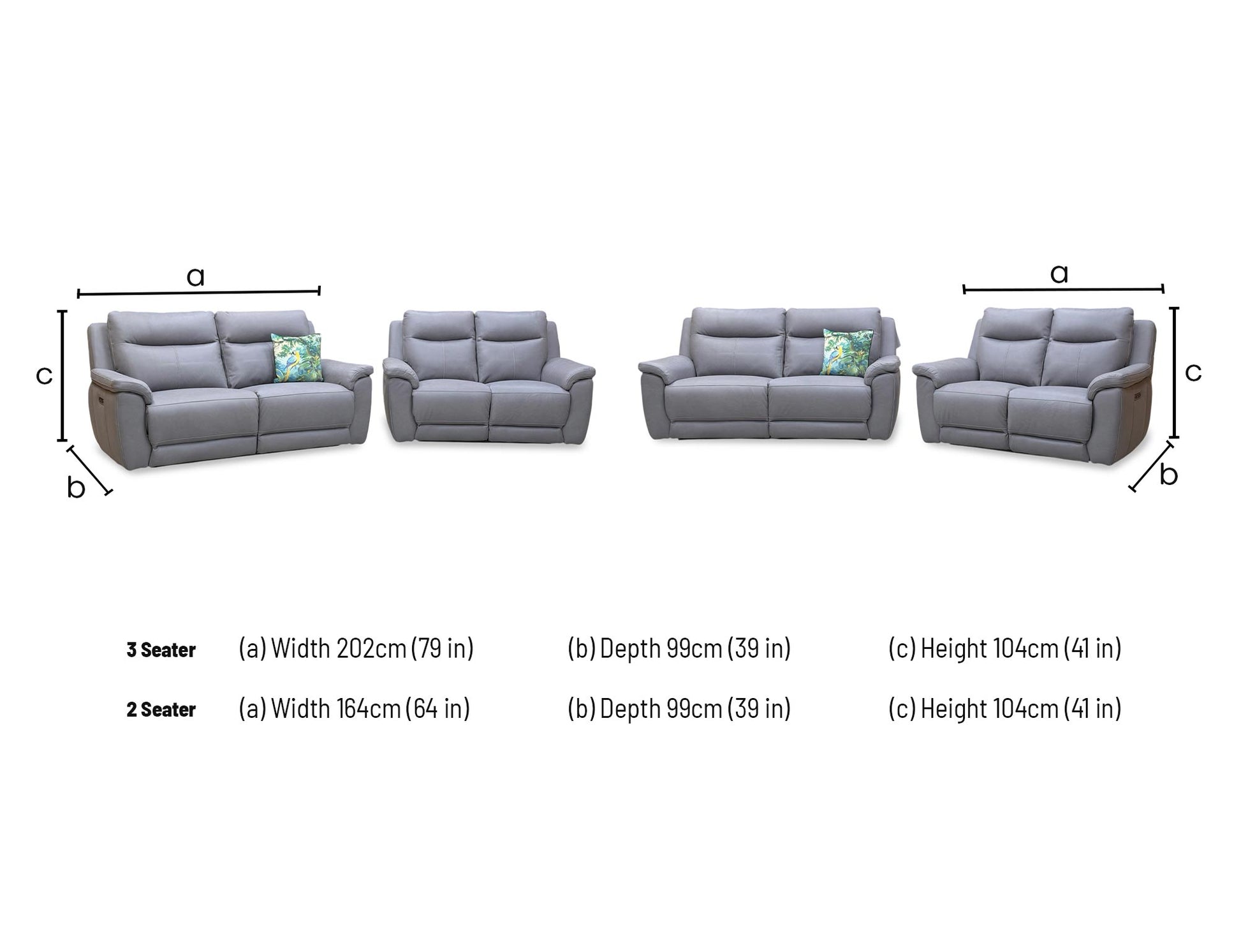 Technical dimension diagram for the ‘Bobby Cat’ Steel Grey Leather 3+2 Power Recliner Set. 3-Seater: W 206cm, D 96cm, H 101cm. 2-Seater: W 152cm, D 96cm, H 101cm.
