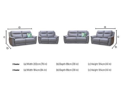 Technical dimension diagram for the ‘Bobby Cat’ Steel Grey Leather 3+2 Power Recliner Set. 3-Seater: W 206cm, D 96cm, H 101cm. 2-Seater: W 152cm, D 96cm, H 101cm.
