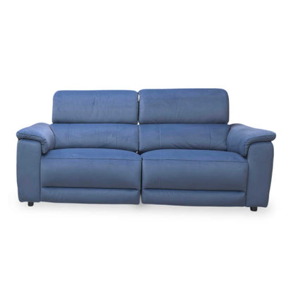 Front view of the Genius Bella Navy Blue sofa, demonstrating the smooth action of the power recliners and the adjustable headrest positions.