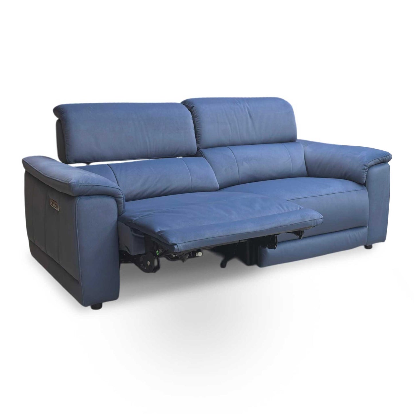 Full view of the Genius Bella 3-seater power recliner sofa in Navy Blue velvet, featuring a sleek modern design and dual-power reclining and headrest controls.