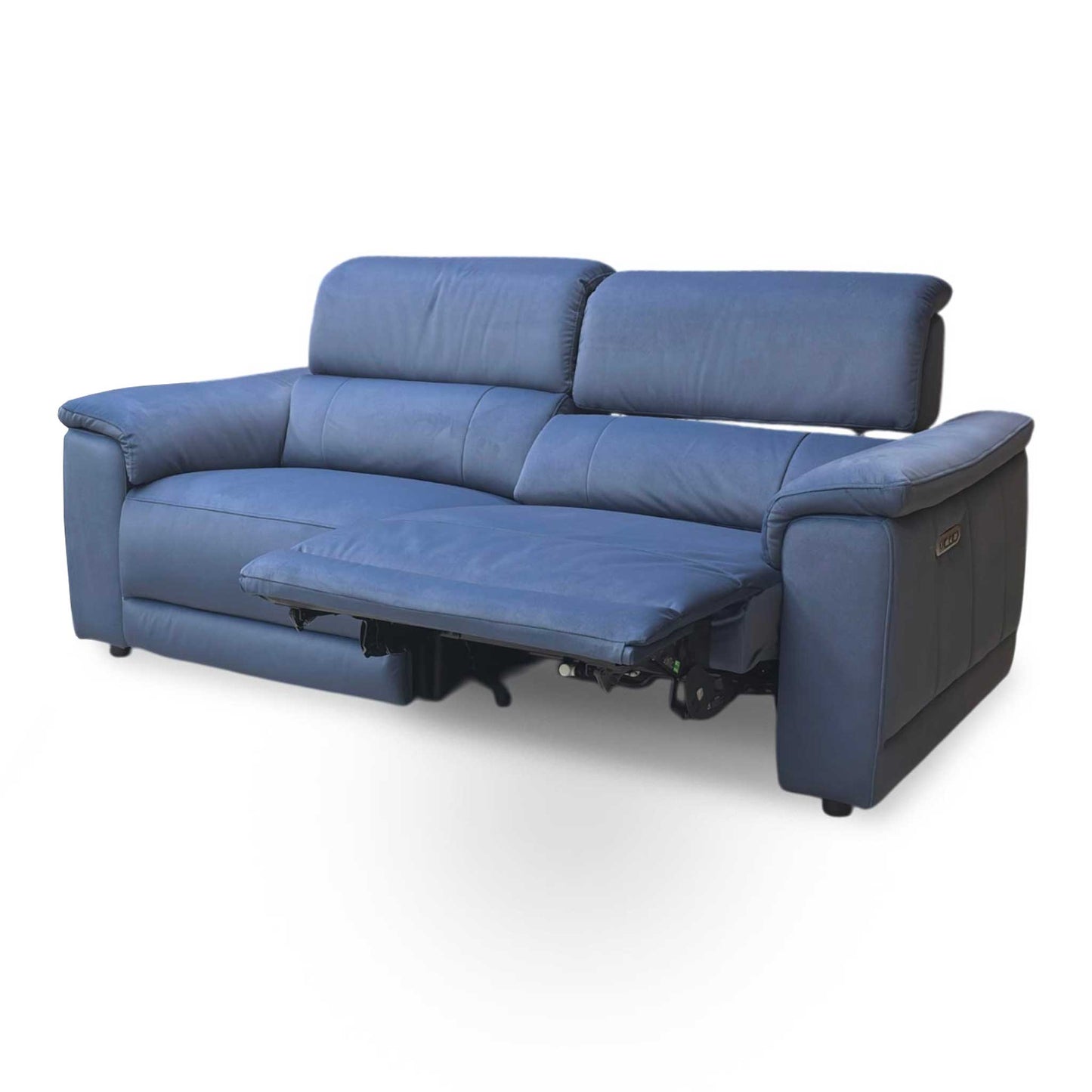 Side profile of the Genius Bella sofa, emphasizing the reclining clearance and the contemporary silhouette of the padded armrests.