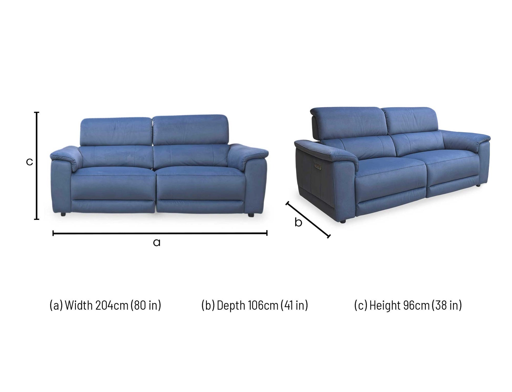 Technical dimension diagram for the Genius Bella Navy Blue Velvet 3-Seater Power Recliner Sofa, specifying width, depth, and height.
