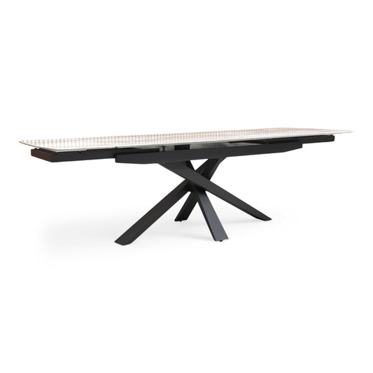 Full view of the Germain 180cm Extending Dining Table featuring a luxurious grey marble effect top and a bold black X-frame metal pedestal base.