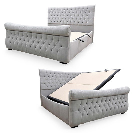 Full view of the Sleep Story Lance Super King side-opening ottoman bed in Aston Silver fabric, featuring a tall, plushly padded headboard.
