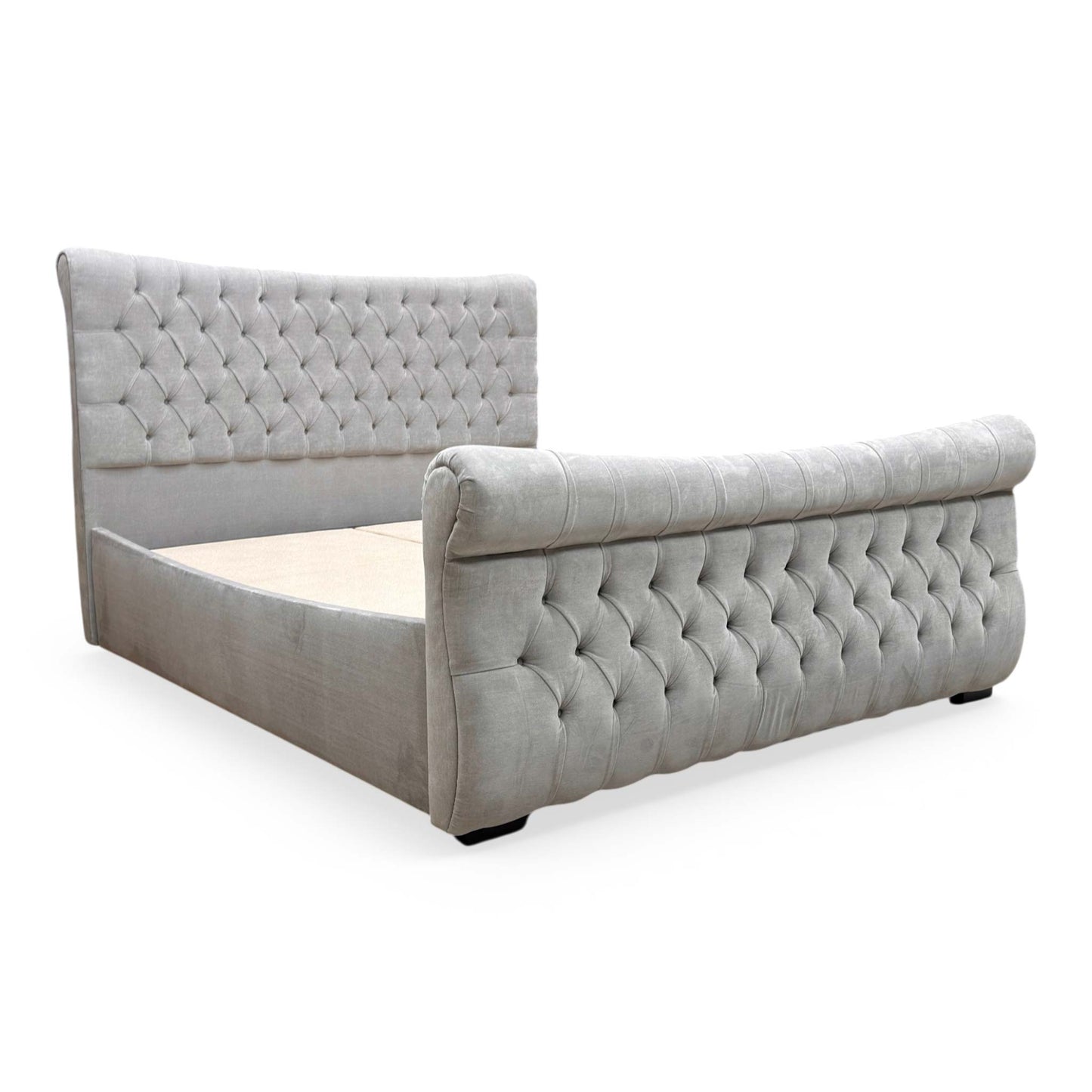 Side view of the Lance Aston Silver bed, demonstrating the smooth action of the side-lift gas hydraulics and the fabric texture.
