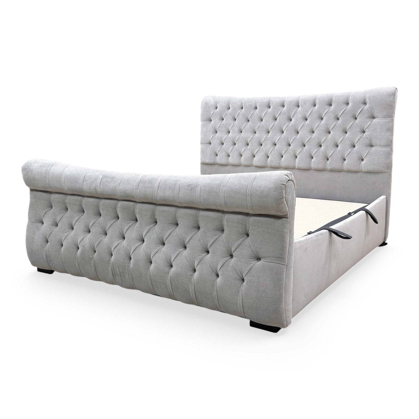 Side profile of the Lance Super King bed, emphasizing the clean lines of the upholstered side rails and the luxurious silver fabric finish.