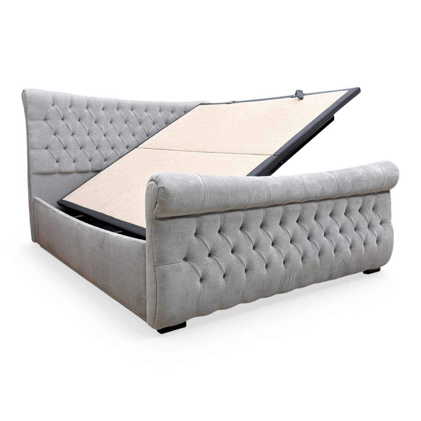Side profile of the Lance Super King bed, emphasizing the clean lines of the upholstered side rails and the luxurious silver fabric finish.