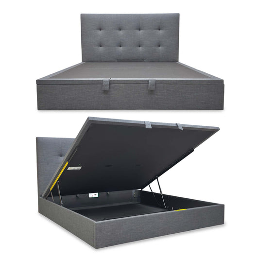 Full view of the Hadley Super King end-lift ottoman bed frame in Slate Grey fabric, featuring a tall padded headboard and a sleek upholstered frame.
