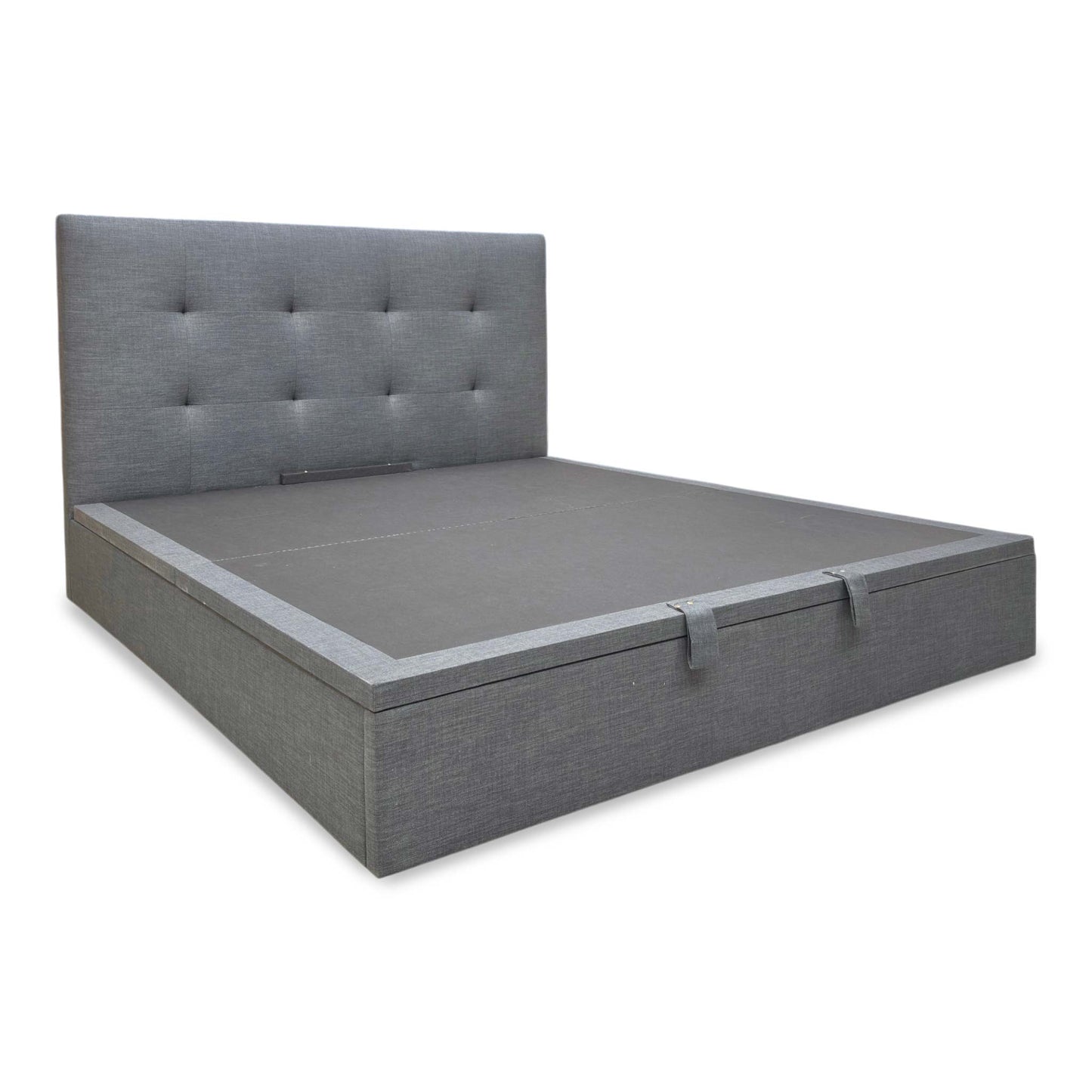 Side view of the Hadley Slate Grey bed, demonstrating the easy-lift mechanism and the high-quality fabric finish.