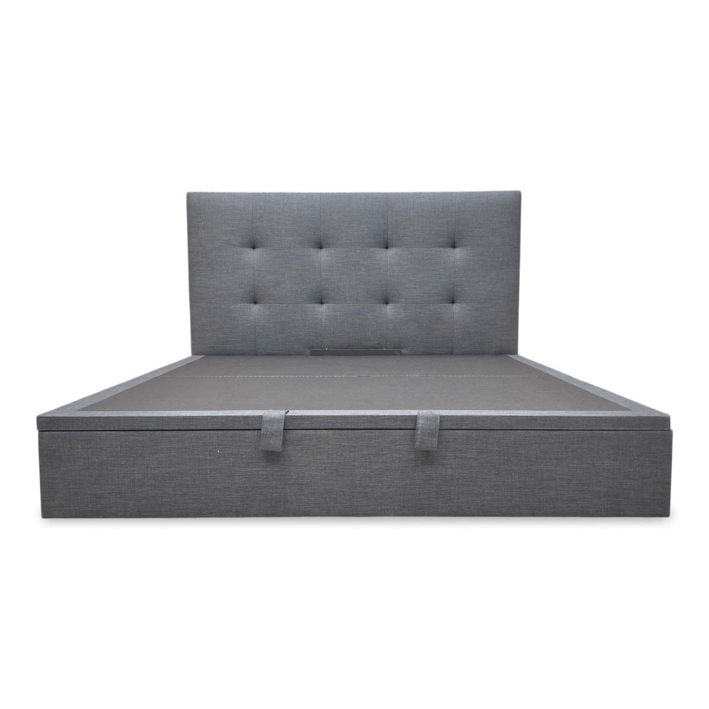 Front view for the Hadley ottoman bed, highlighting the gas-lift hydraulic system and the expansive under-bed storage capacity.