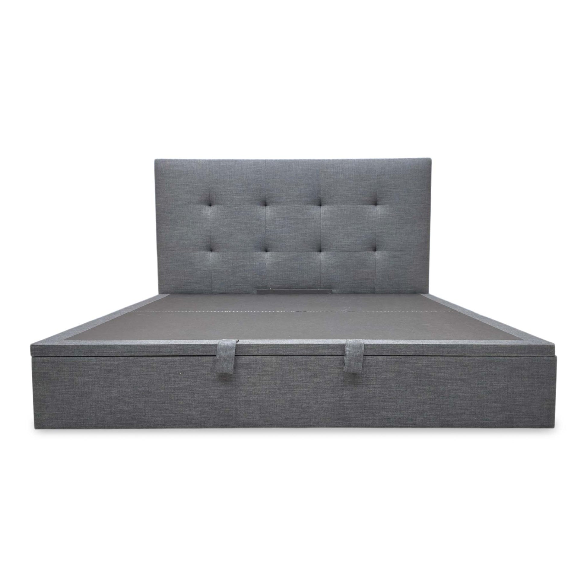Front view for the Hadley ottoman bed, highlighting the gas-lift hydraulic system and the expansive under-bed storage capacity.
