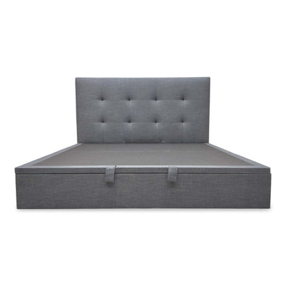 Front view for the Hadley ottoman bed, highlighting the gas-lift hydraulic system and the expansive under-bed storage capacity.