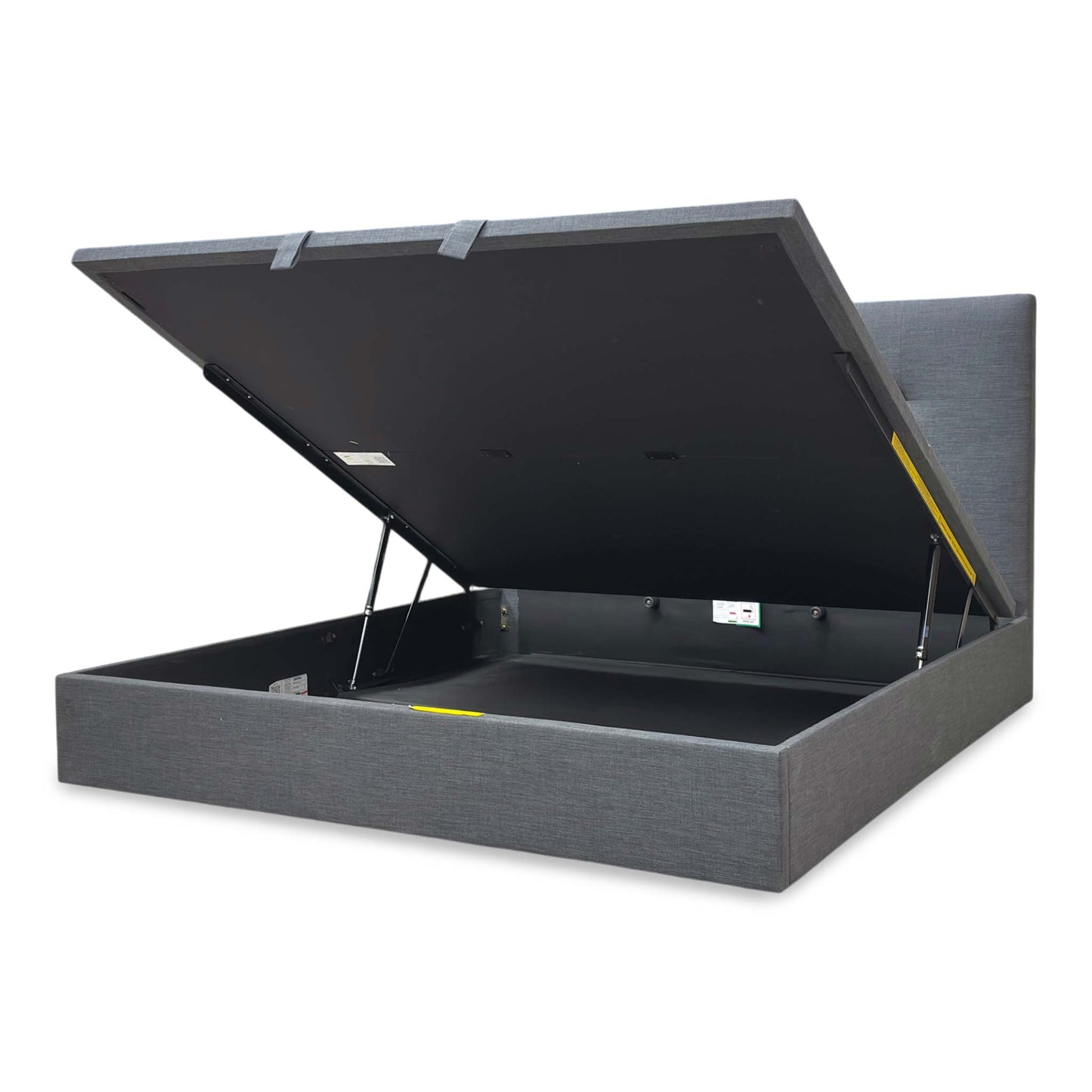 Side view of the Hadley Slate Grey bed, demonstrating the easy-lift mechanism and the high-quality fabric finish.