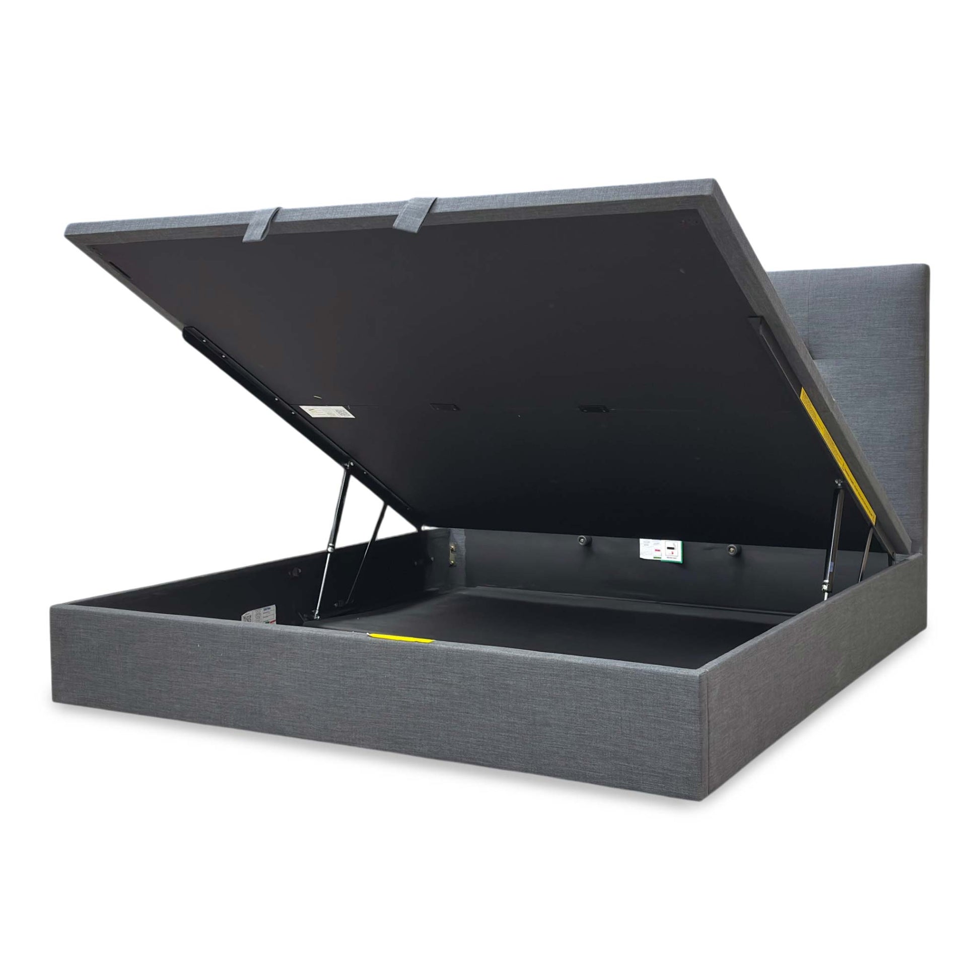 Side view of the Hadley Slate Grey bed, demonstrating the easy-lift mechanism and the high-quality fabric finish.