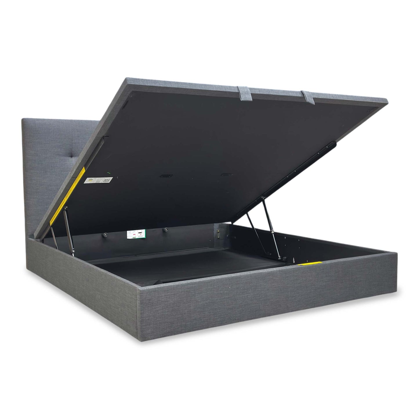 Side view of the Hadley Slate Grey bed, demonstrating the easy-lift mechanism and the high-quality fabric finish.