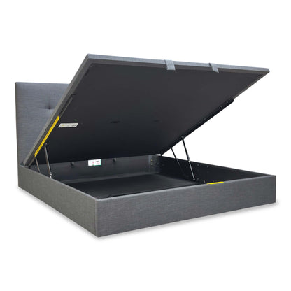 Side view of the Hadley Slate Grey bed, demonstrating the easy-lift mechanism and the high-quality fabric finish.