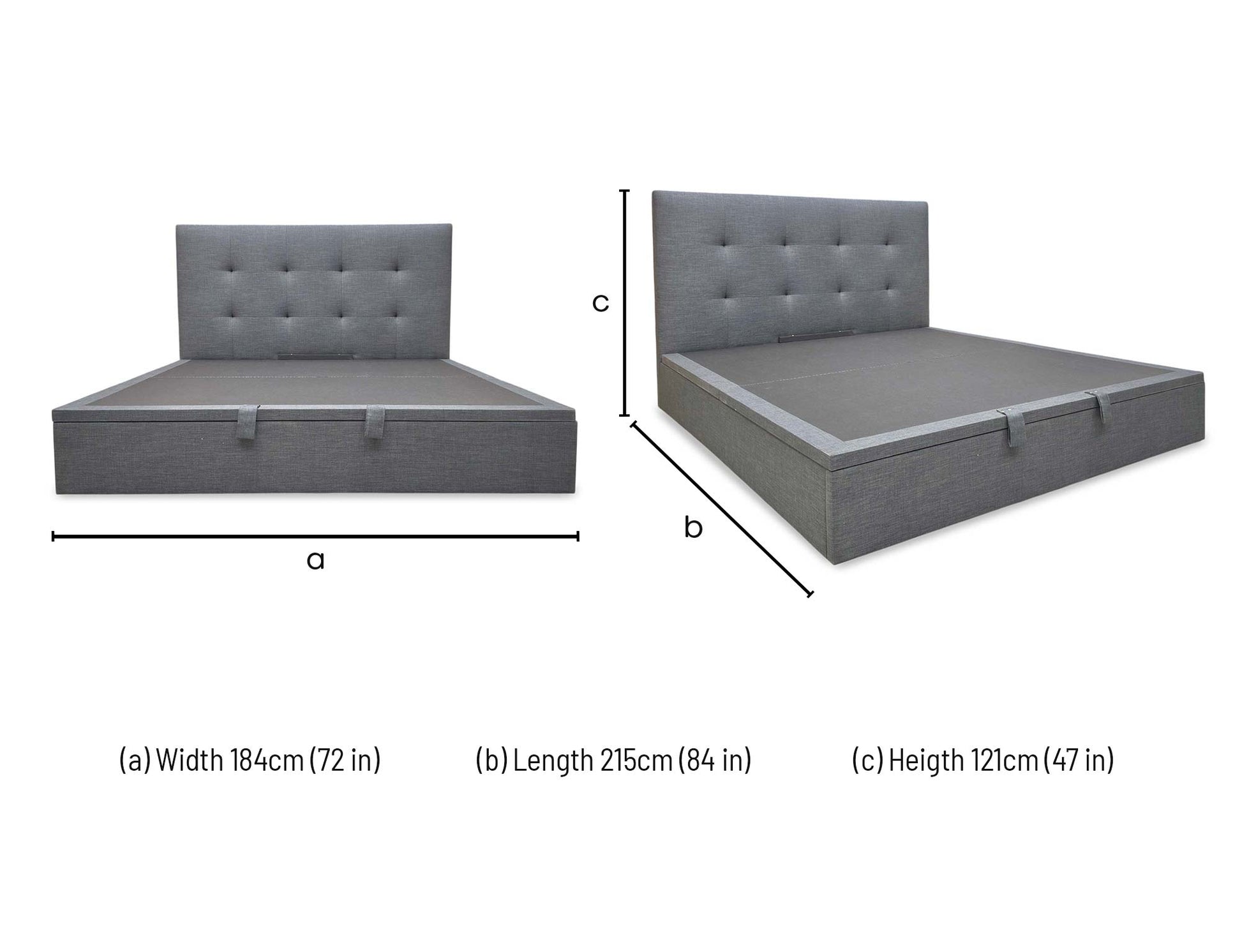 Technical dimension diagram for the Hadley Slate Grey Super King Ottoman Bed, specifying headboard height, total width, and length.