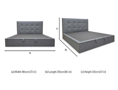 Technical dimension diagram for the Hadley Slate Grey Super King Ottoman Bed, specifying headboard height, total width, and length.