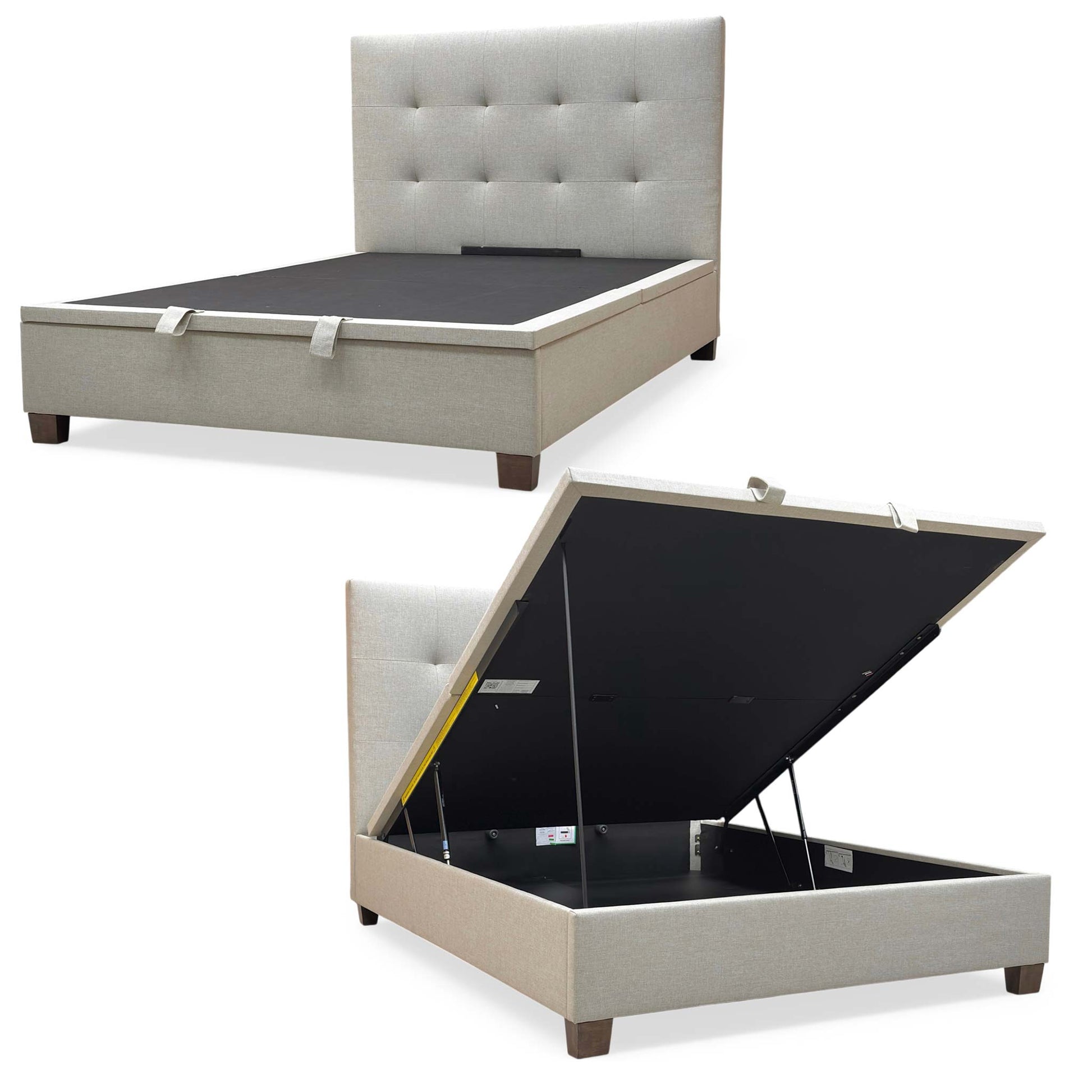 Full view of the Hadley King size end-lift ottoman bed frame in Oatmeal fabric, featuring a tall padded headboard and a sleek upholstered frame.
