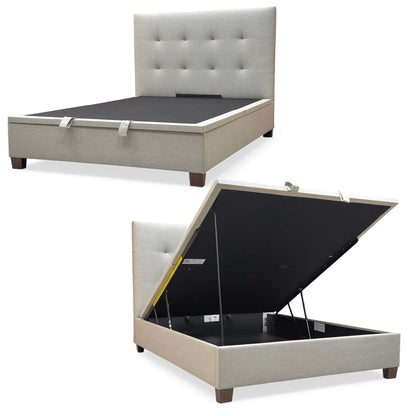 Full view of the Hadley King size end-lift ottoman bed frame in Oatmeal fabric, featuring a tall padded headboard and a sleek upholstered frame.
