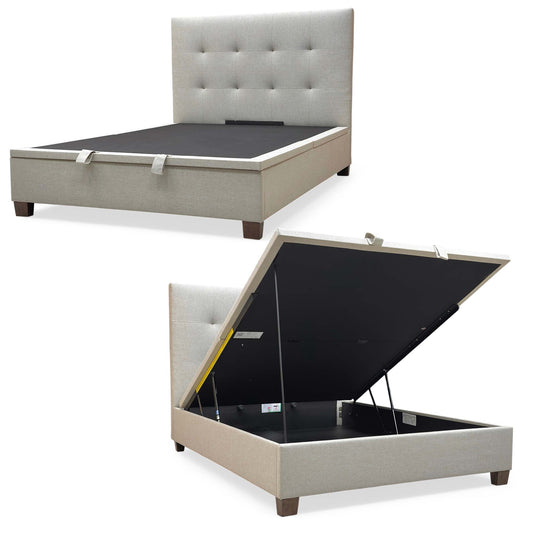 Full view of the Hadley King size end-lift ottoman bed frame in Oatmeal fabric, featuring a tall padded headboard and a sleek upholstered frame.