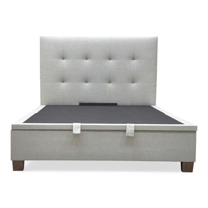 Front view of the Hadley King size end-lift ottoman bed frame in Oatmeal fabric, featuring a tall padded headboard and a sleek upholstered frame.