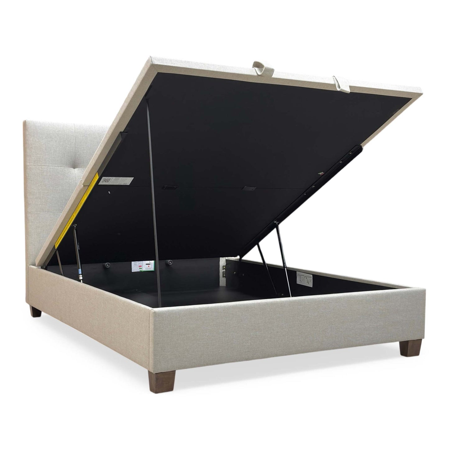 Side view of the Hadley Oatmeal bed, demonstrating the easy-lift mechanism and the high-quality textured fabric finish.