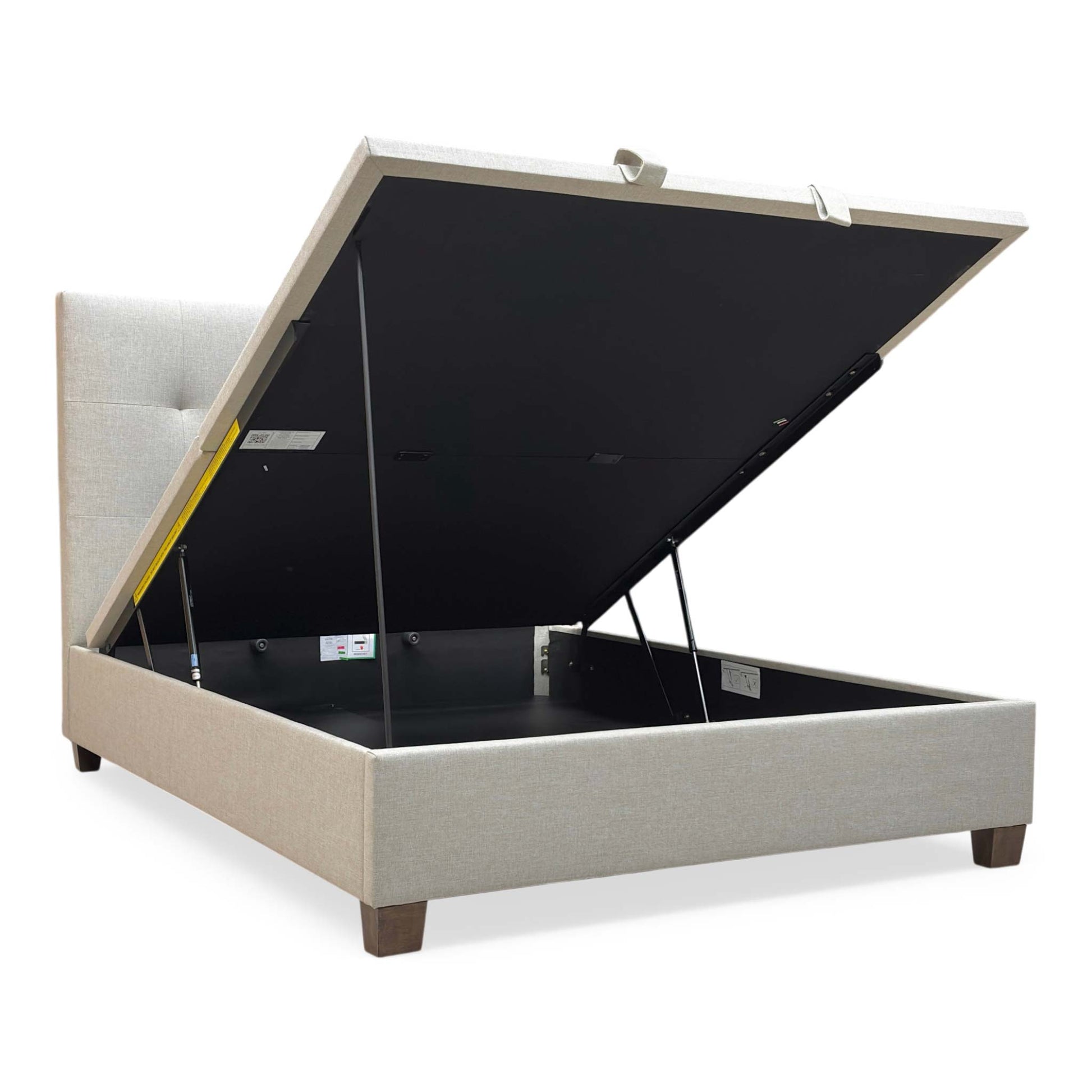Side view of the Hadley Oatmeal bed, demonstrating the easy-lift mechanism and the high-quality textured fabric finish.