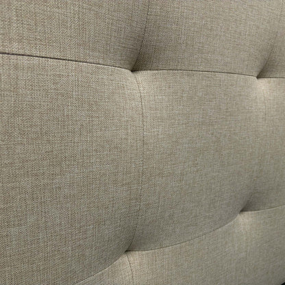 Close-up of the Oatmeal fabric, highlighting the soft woven texture and the precision stitching on the headboard panel.
