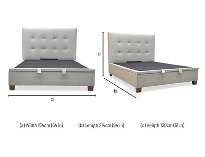 Technical dimension diagram for the Hadley Oatmeal King Ottoman Bed, specifying headboard height, total width, and length.