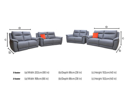 Technical dimension diagram for the Bobby Navy Blue 3-seater and 2-seater set, specifying widths, depths, and heights.
